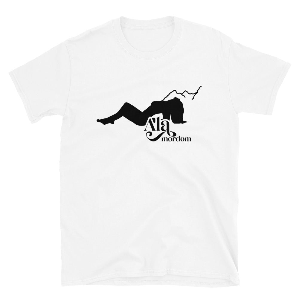 White t-shirt with black graphic design of a woman fainting against a backdrop of mountains with the words 'Ala Mordom' on a white background