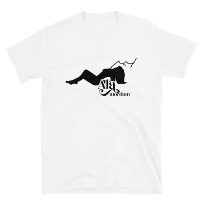White t-shirt with black graphic design of a woman fainting against a backdrop of mountains with the words 'Ala Mordom' on a white background