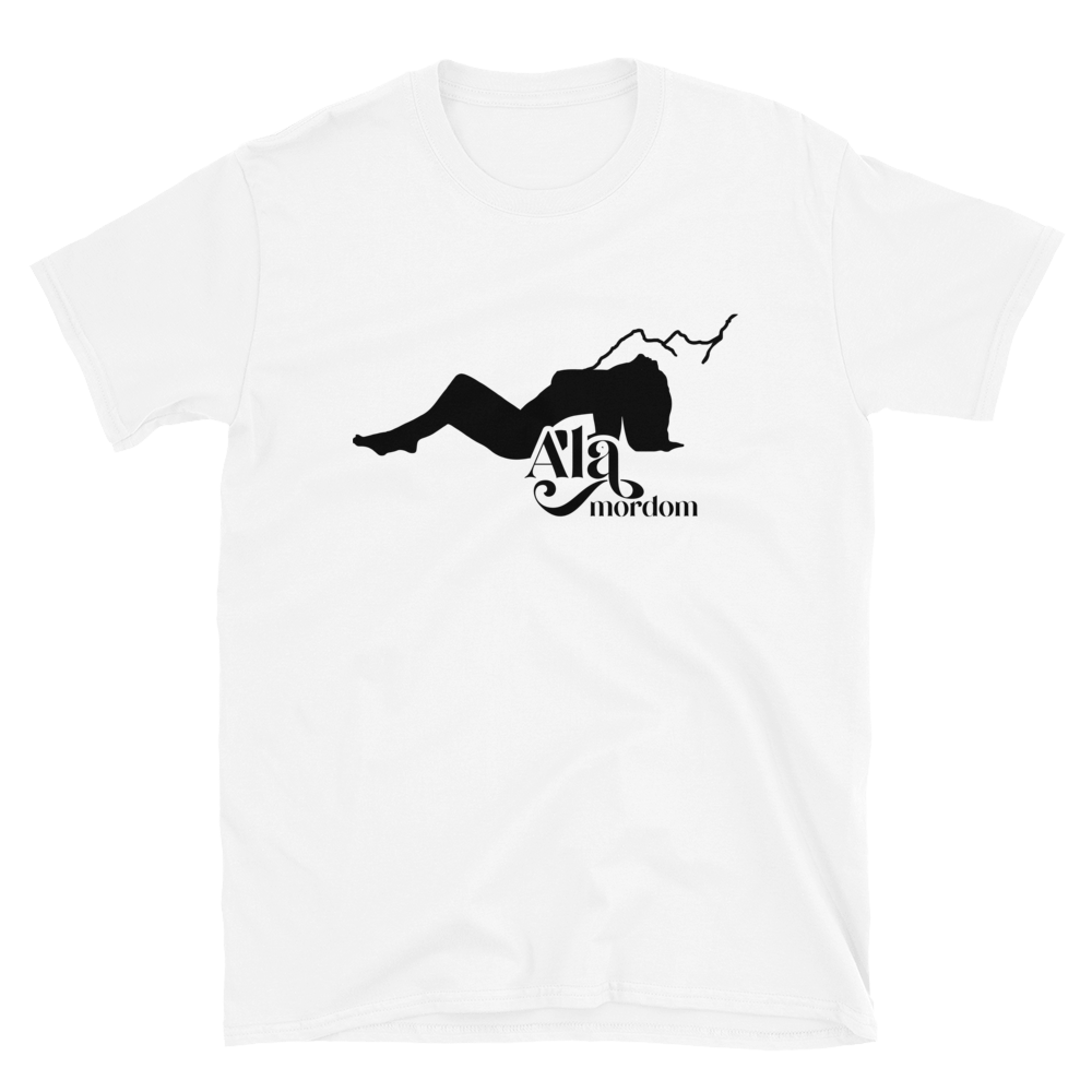 White t-shirt with black graphic design of a woman fainting against a backdrop of mountains with the words 'Ala Mordom' on a white background