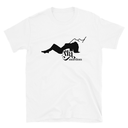 White t-shirt with black graphic design of a woman fainting against a backdrop of mountains with the words 'Ala Mordom' on a white background