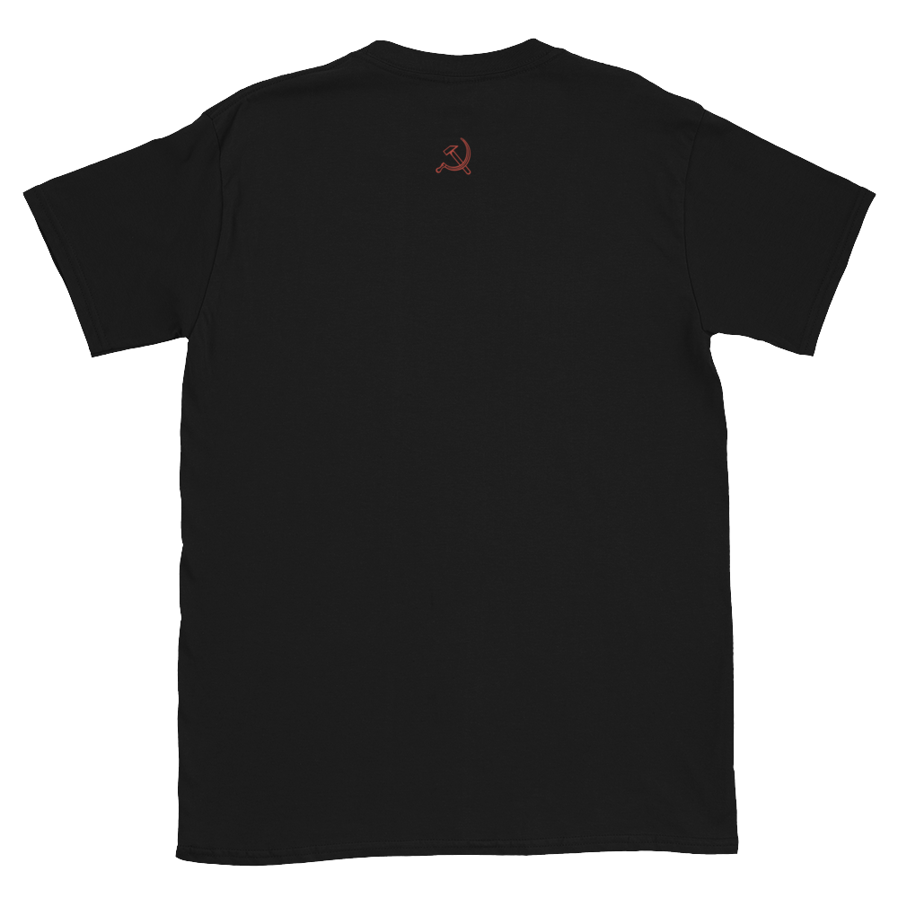 Back of black t-shirt with hammer and sickle in red.