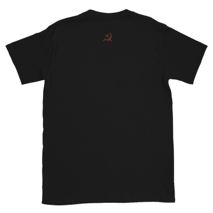Back of black t-shirt with hammer and sickle in red.