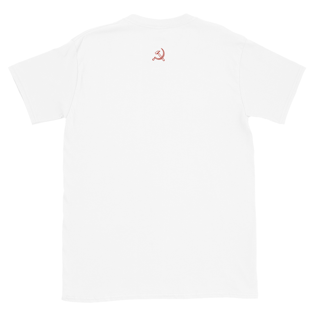 White t-shirt back with hammer and sickle in red.