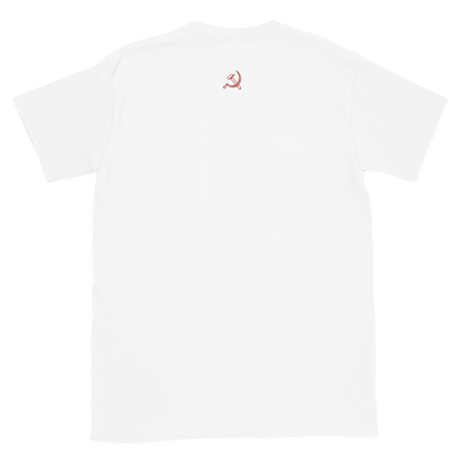 White t-shirt back with hammer and sickle in red.