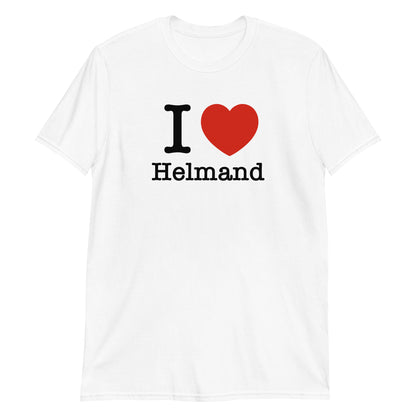 White t-shirt with 'I ❤️ Helmand' text on a white background