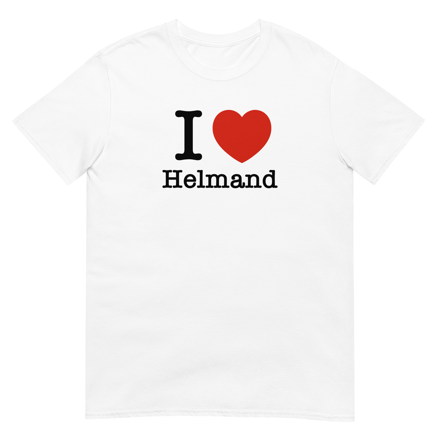 White t-shirt with 'I ❤️ Helmand' text on a white background