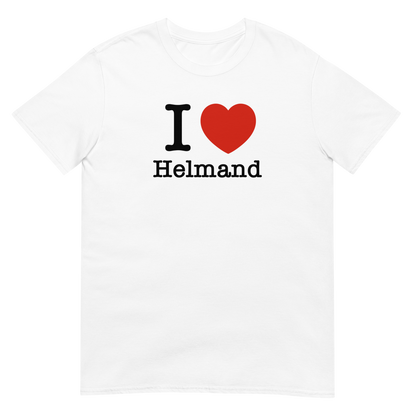 White t-shirt with 'I ❤️ Helmand' text on a white background