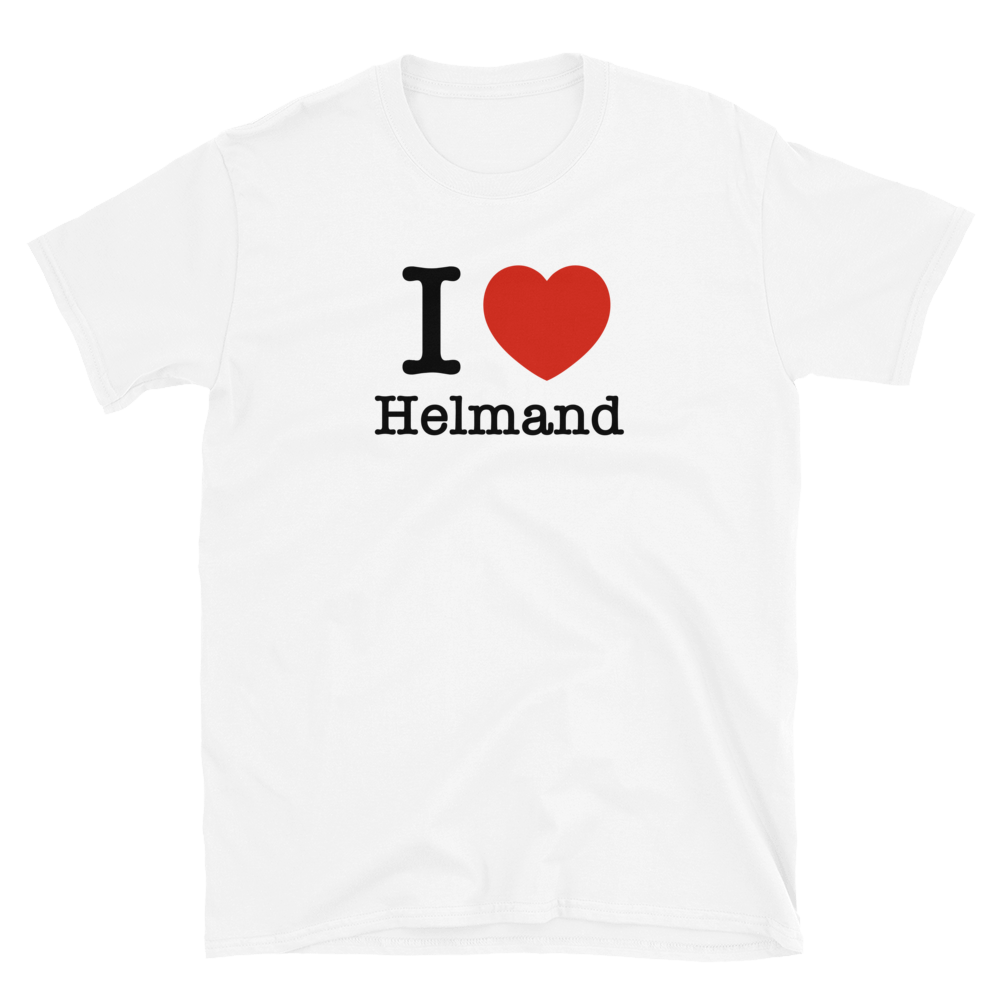 White t-shirt with 'I ❤️ Helmand' text on a white background