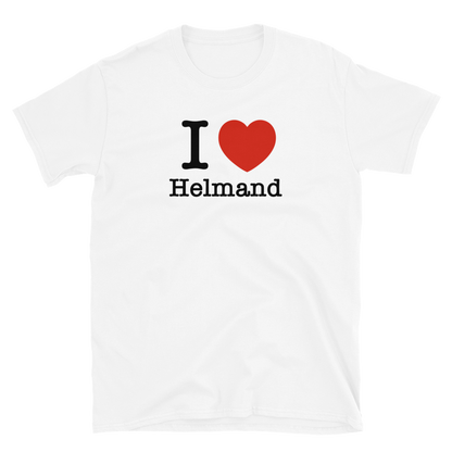White t-shirt with 'I ❤️ Helmand' text on a white background