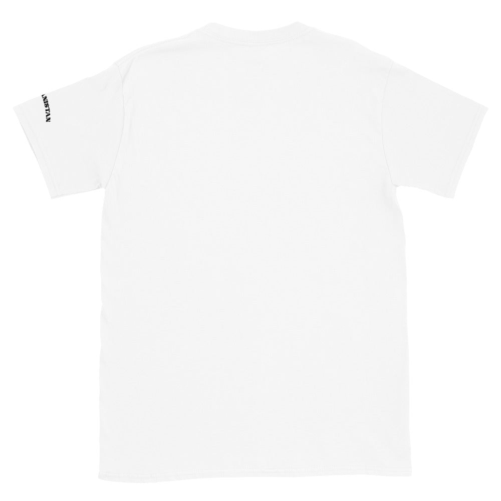 White t-shirt with AFJANANISTAN on the sleeve against a white background