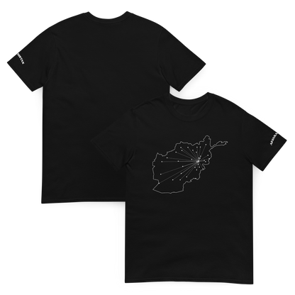 Black t-shirt with a black map design of Afghanistan, connecting Kabul to all provincial capitals on a white background
