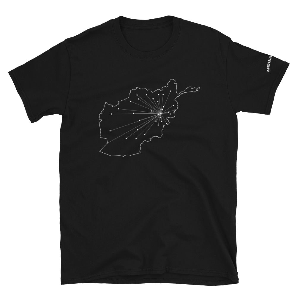 Black t-shirt with a map design of Afghanistan connecting Kabul to all the other provincial capitals on a white background