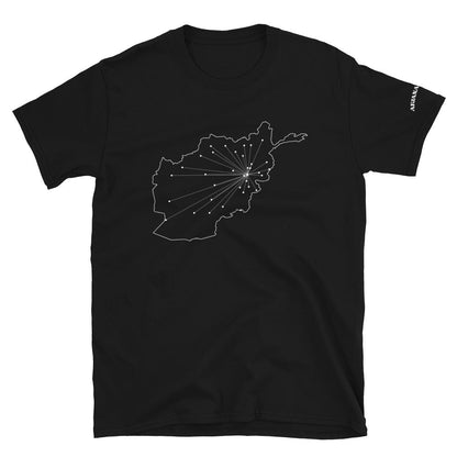 Black t-shirt with a map design of Afghanistan connecting Kabul to all the other provincial capitals on a white background