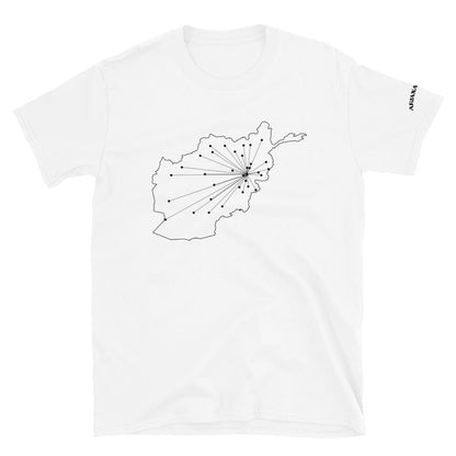 White t-shirt with black map design of Afghanistan, connecting Kabul to all provincial capitals on a white background.