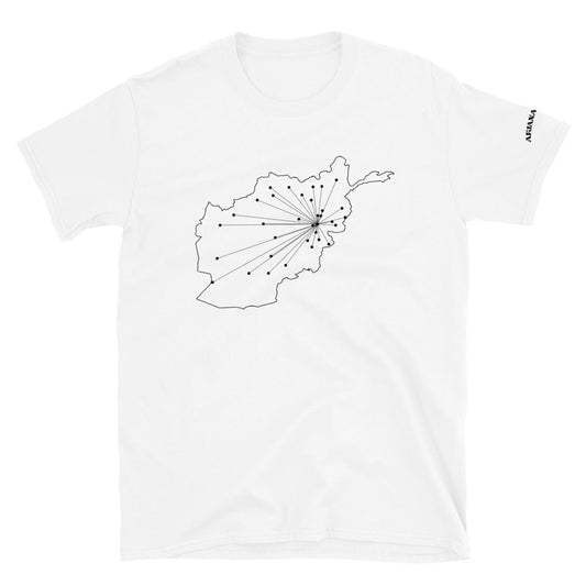 White t-shirt with black map design of Afghanistan, connecting Kabul to all provincial capitals on a white background.