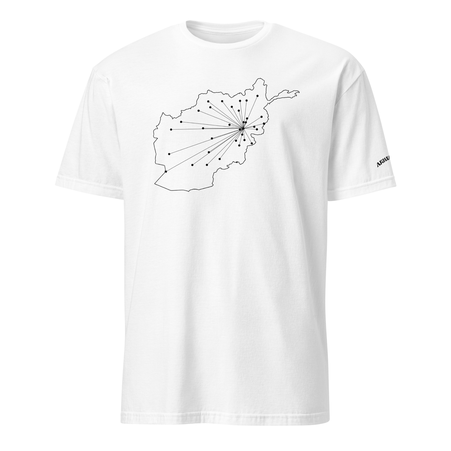 White t-shirt with a black map design of Afghanistan, connecting Kabul to all provincial capitals on a white background