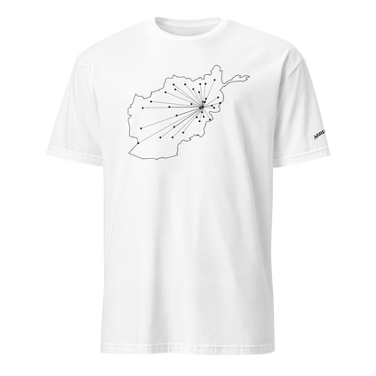 White t-shirt with a black map design of Afghanistan, connecting Kabul to all provincial capitals on a white background