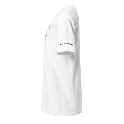 White t-shirt side view with AFJANANISTAN in black text on the sleeve on a white background