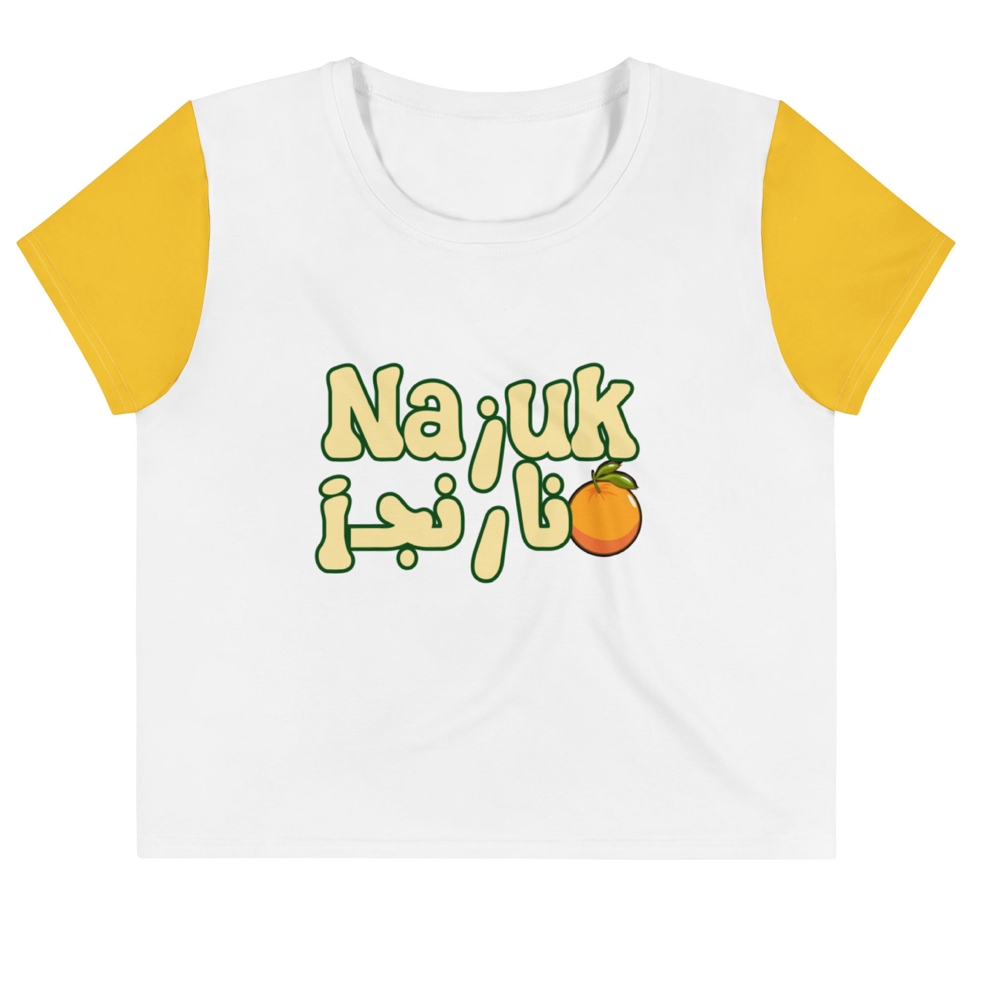 White t-shirt with orange sleeves featuring Dari text and an orange graphic on a white background