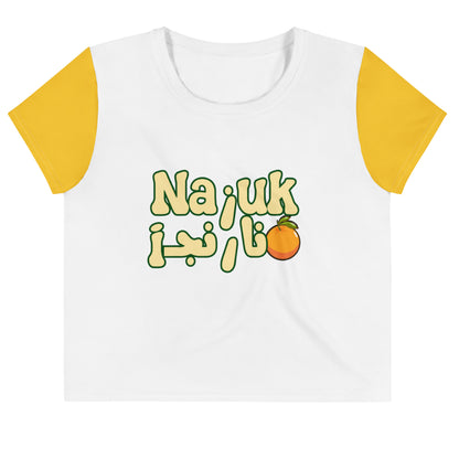 White t-shirt with orange sleeves featuring Dari text and an orange graphic on a white background