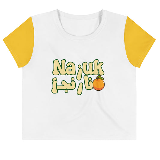 White t-shirt with orange sleeves featuring Dari text and an orange graphic on a white background