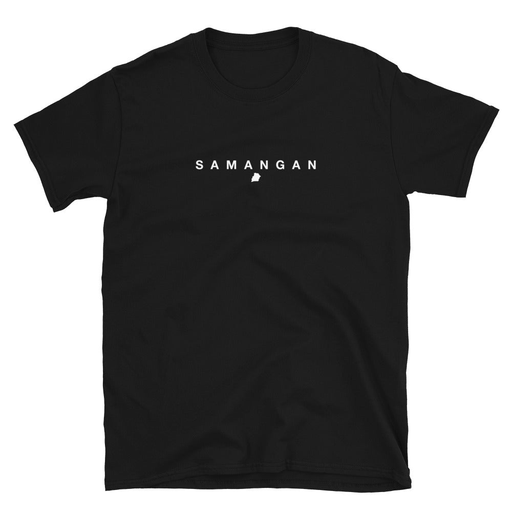 Black t-shirt with 'SAMANGAN' text on a white background