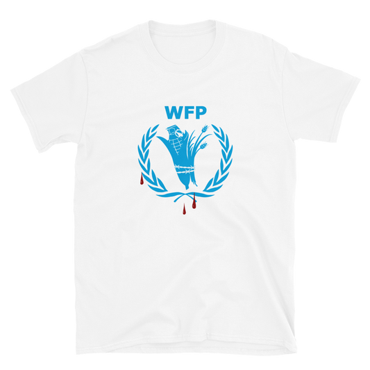White t-shirt with blue logo and 'WFP' text on a white background