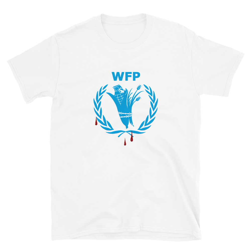 White t-shirt with blue logo and 'WFP' text on a white background