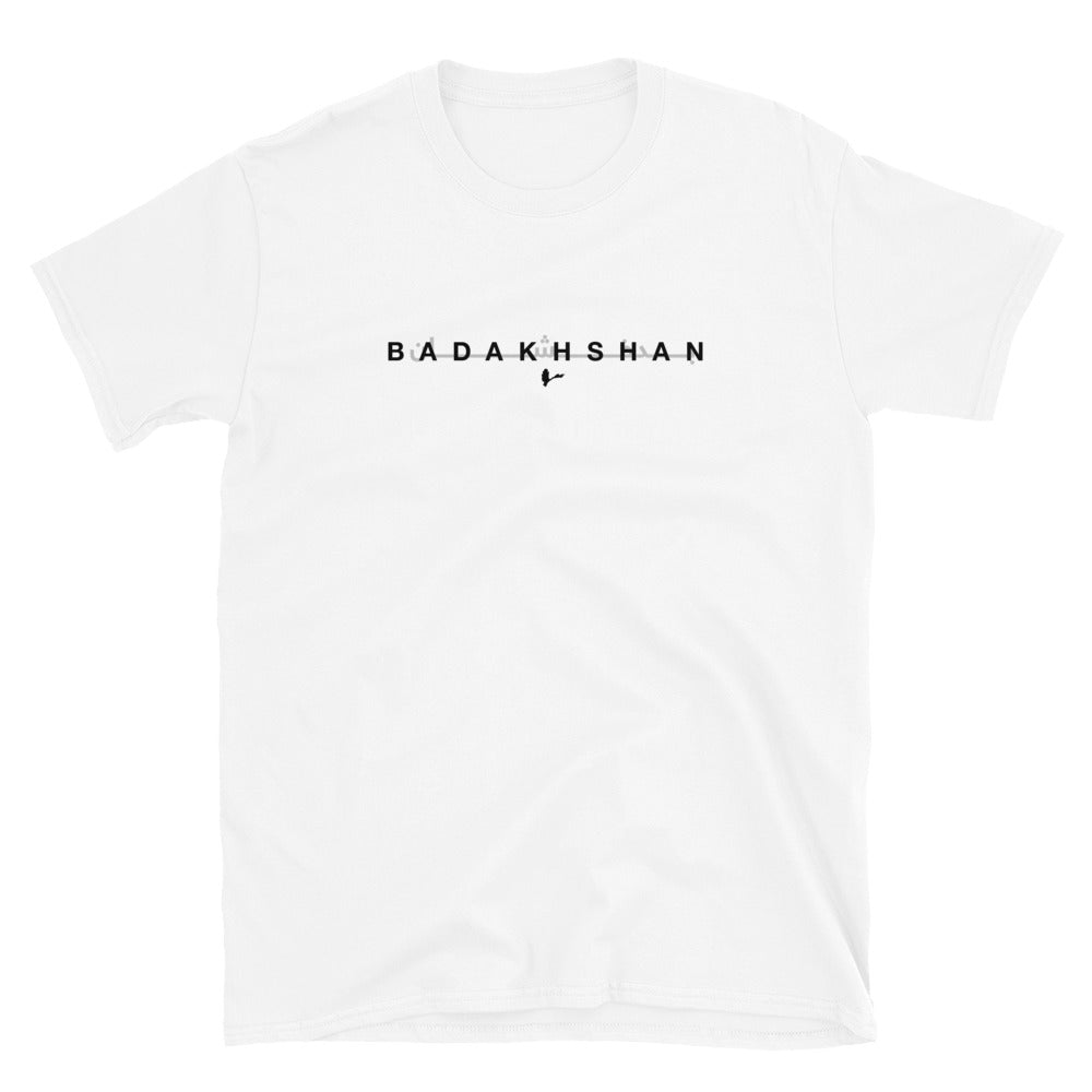 White t-shirt with 'BADAKHSHAN' text on a white background