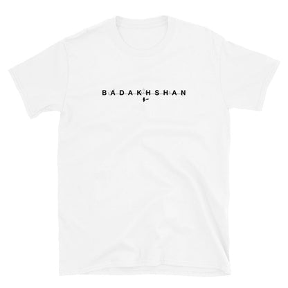 White t-shirt with 'BADAKHSHAN' text on a white background
