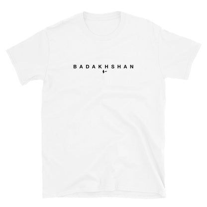 White t-shirt with 'BADAKHSHAN' text on a white background