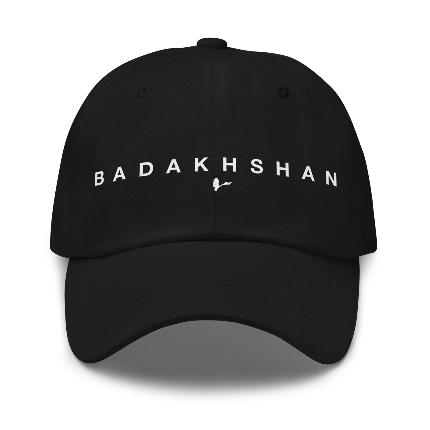 Black cap with 'BADAKHSHAN' text on a white background