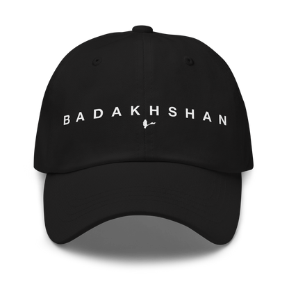Black cap with 'BADAKHSHAN' text on a white background
