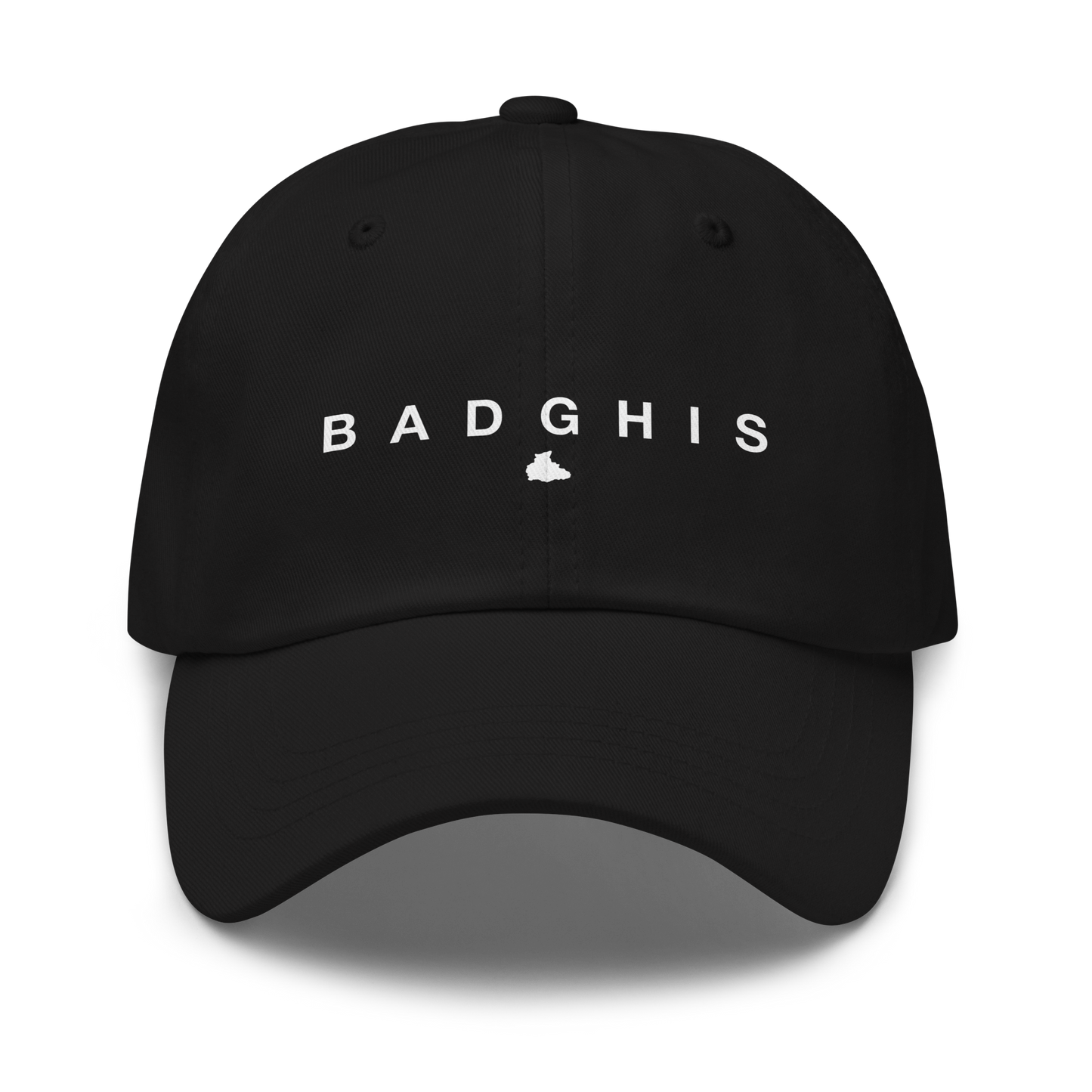 Black cap with 'BADGHIS' text on a white background