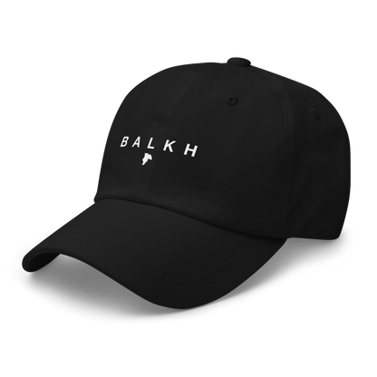 Black cap with 'BALKH' text in white on a white background