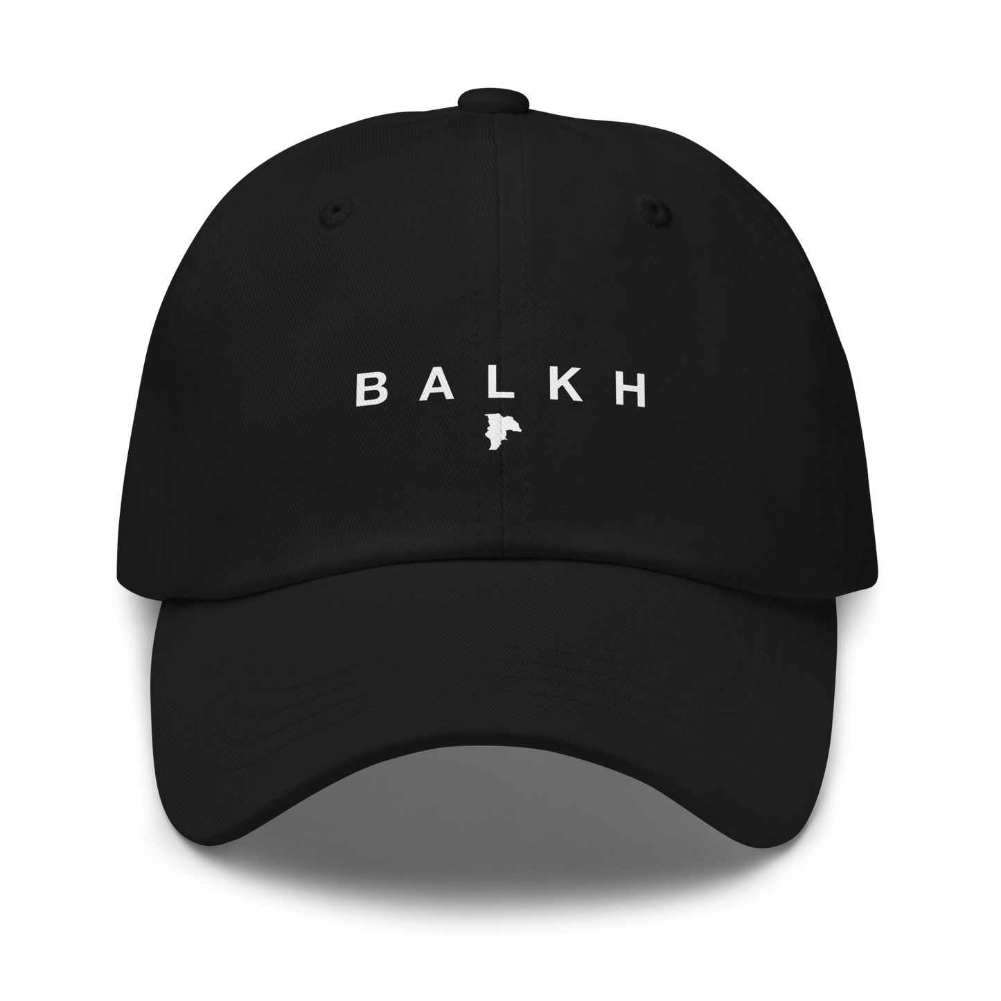 Black cap with 'BALKH' text on a white background