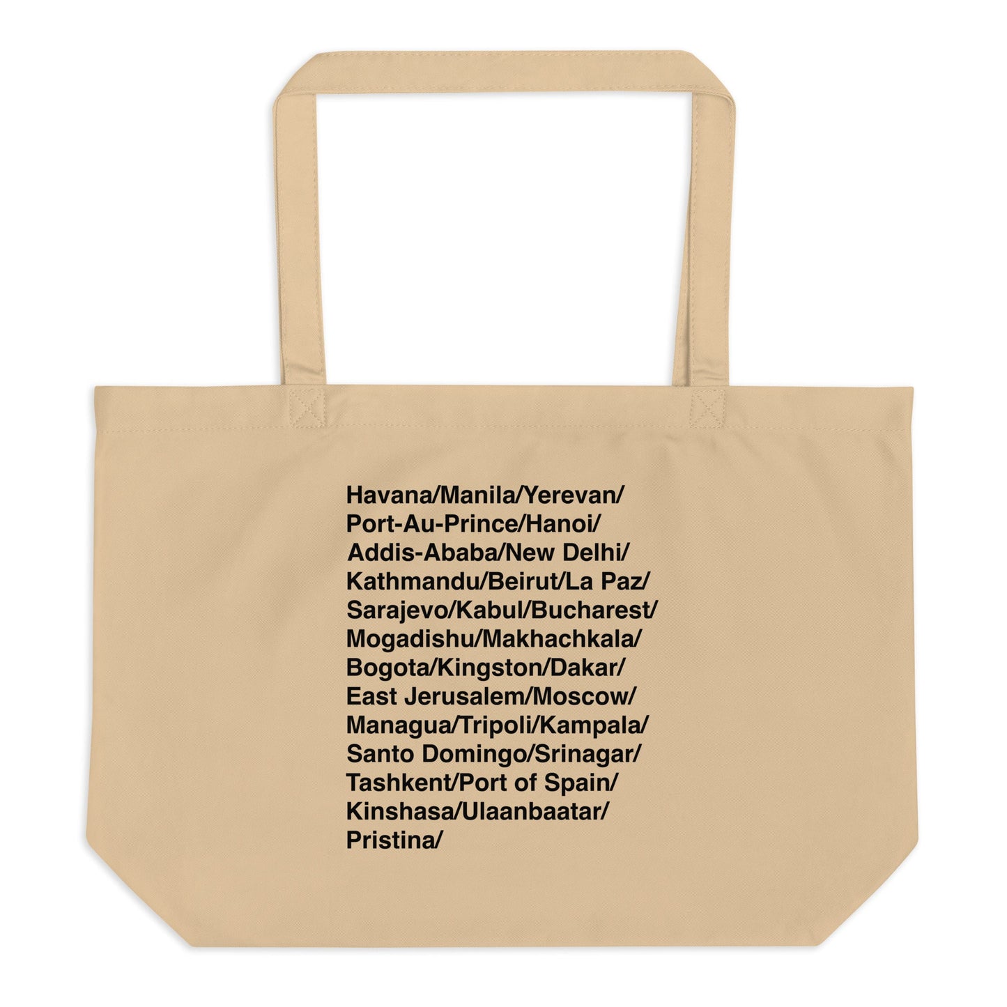 Beige tote bag with black text listing various city names on a white background