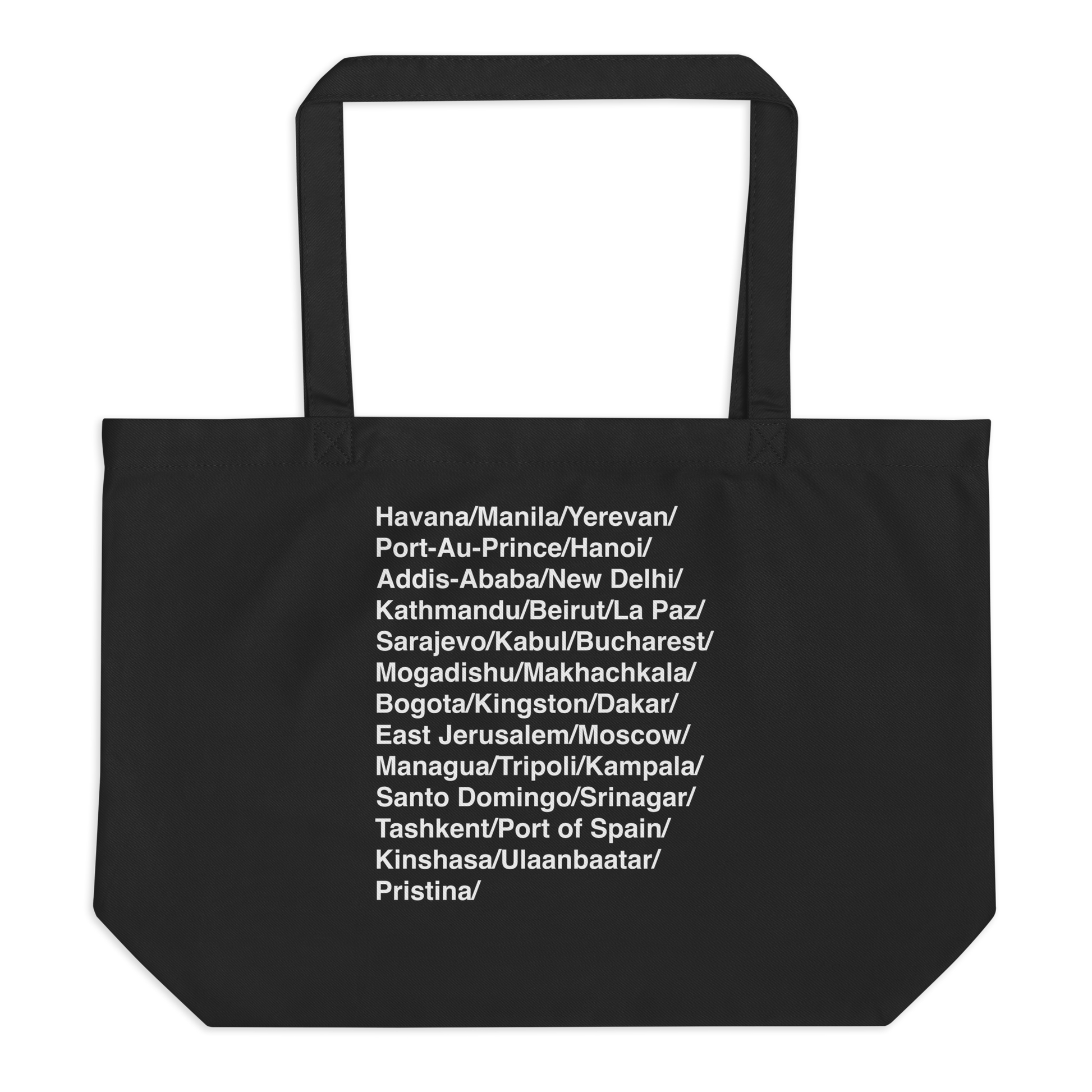 Black tote bag with white text listing various city names on a white background