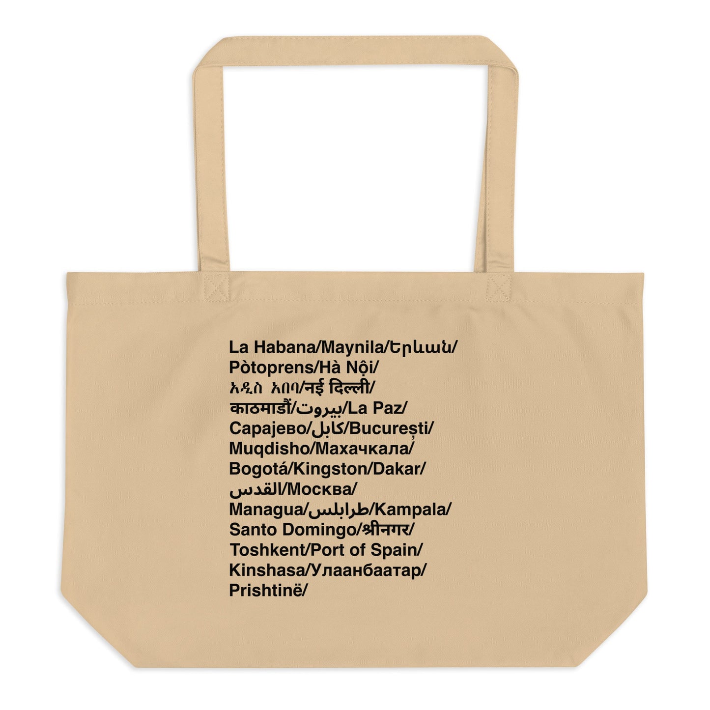 Beige tote bag with black text of cities in their language on a white background
