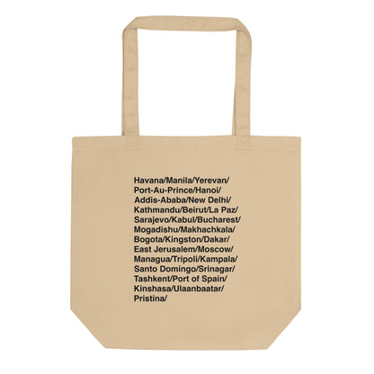 Beige tote bag with black text of cities in Latin on a white background