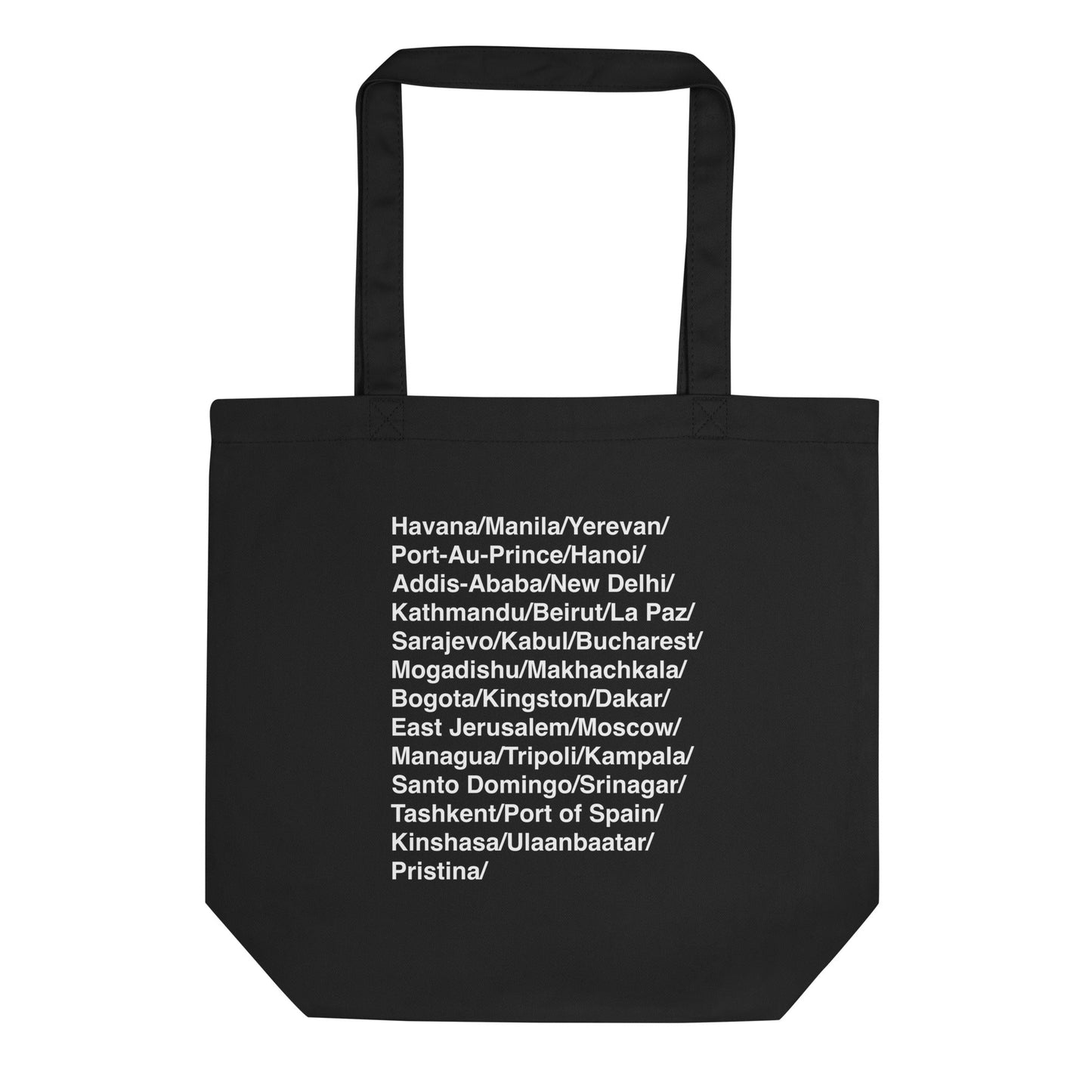 Black tote bag with white text listing various city names in Latin on a white background