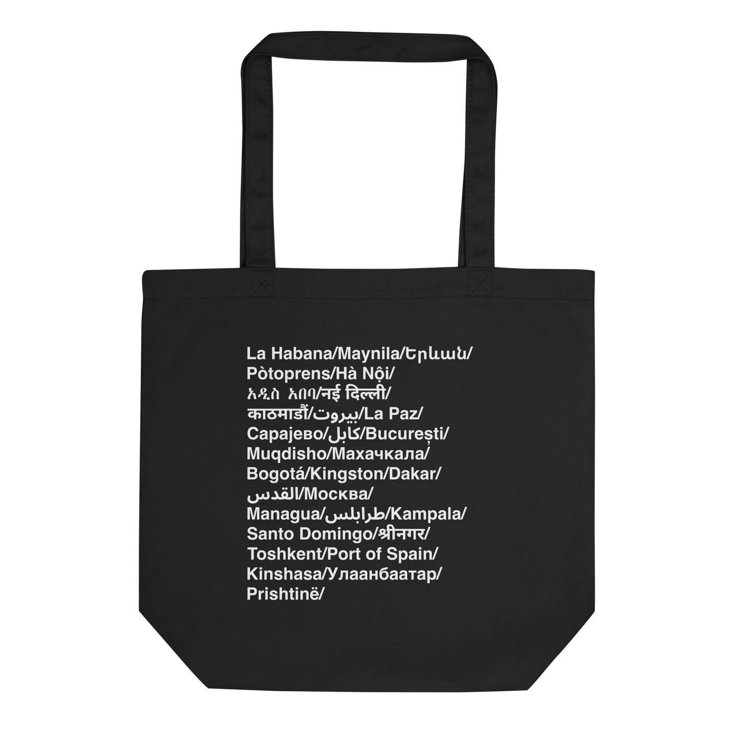 Black tote bag with black text of cities in their language on a white background