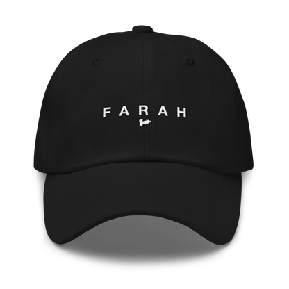 Black cap with 'FARAH' printed on it on a white background