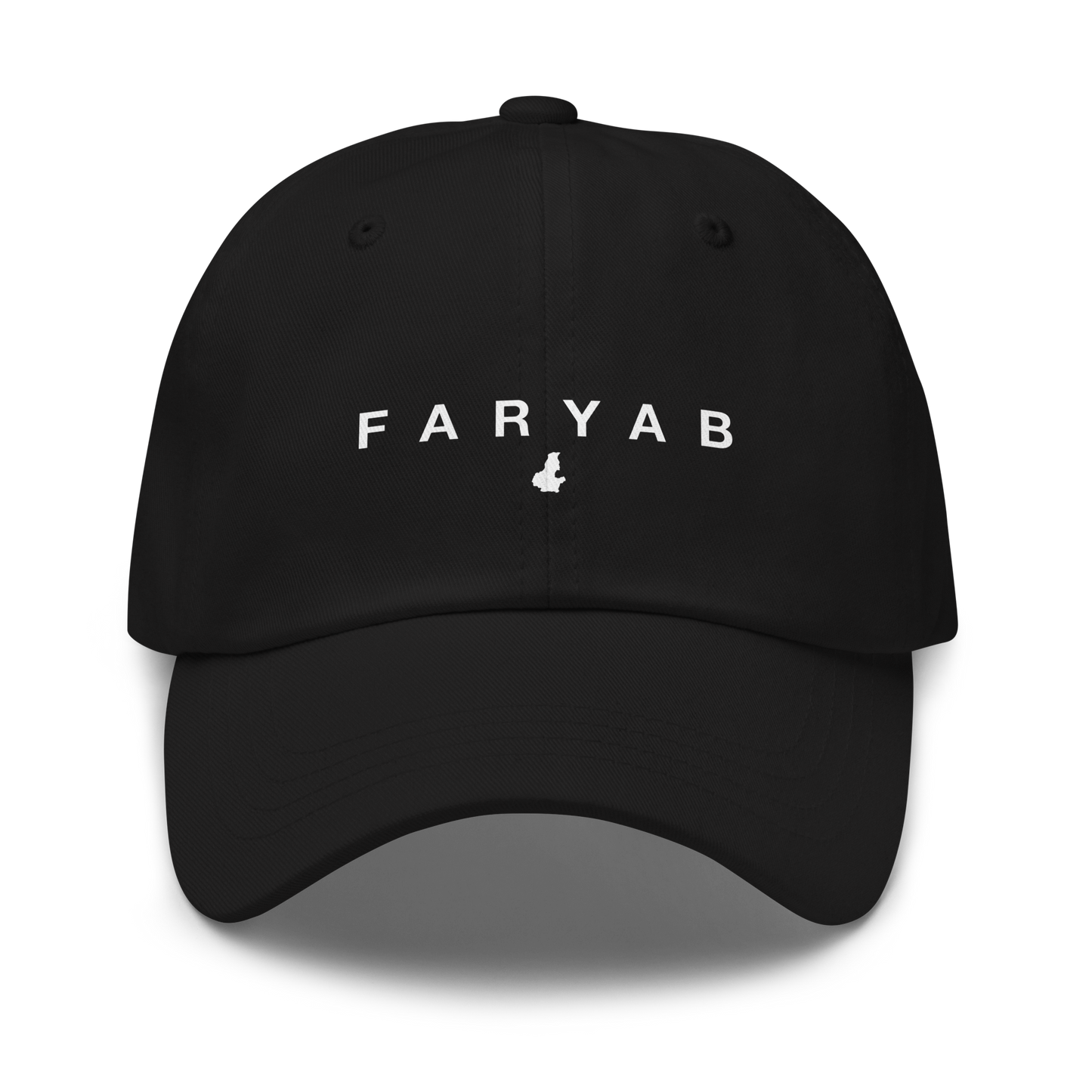 Black cap with 'FARYAB' written on it on a white background