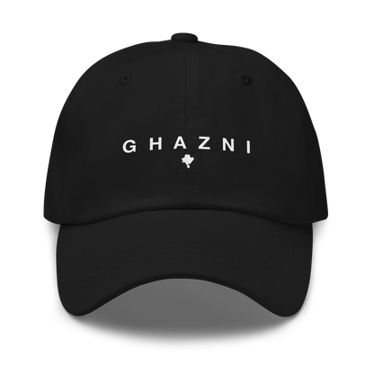 Black cap with 'GHAZNI' text on a white background