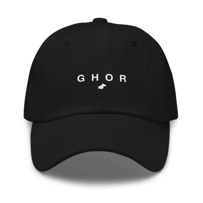 Black cap with 'GHOR' text on a white background