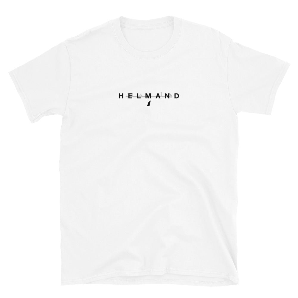 White tee shirt with the word 'HELMAND' written on it against a white background.