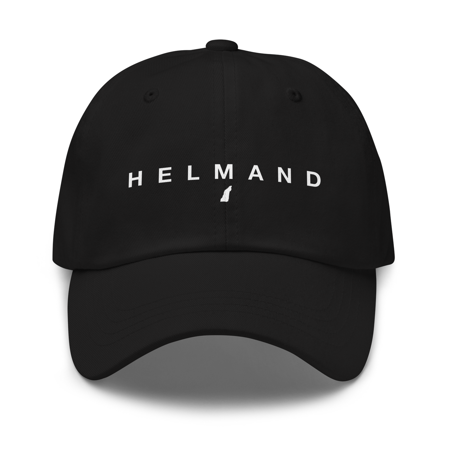 Black cap with 'HELMAND' text on a white background