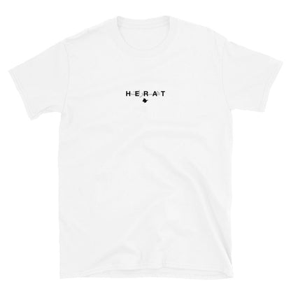 White t-shirt with 'HERAT' text on a white background