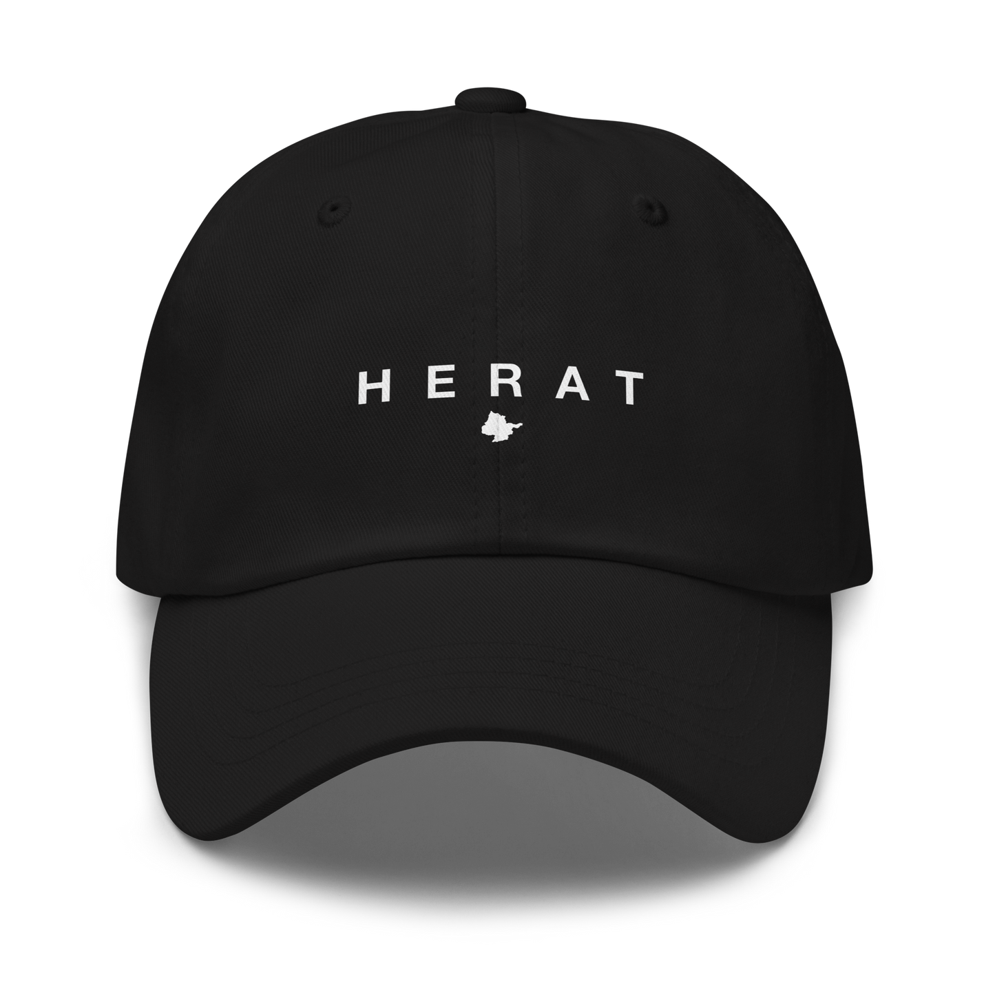 Black cap with 'HERAT' text on a white background